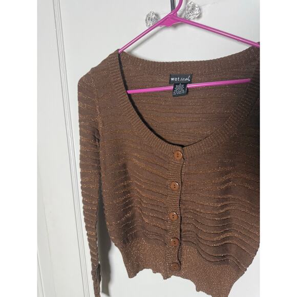 Vintage Y2K Wet Seal Brown Cropped Shimmer Cardigan Sweater Romcom Slimming SM - Picture 2 of 9
